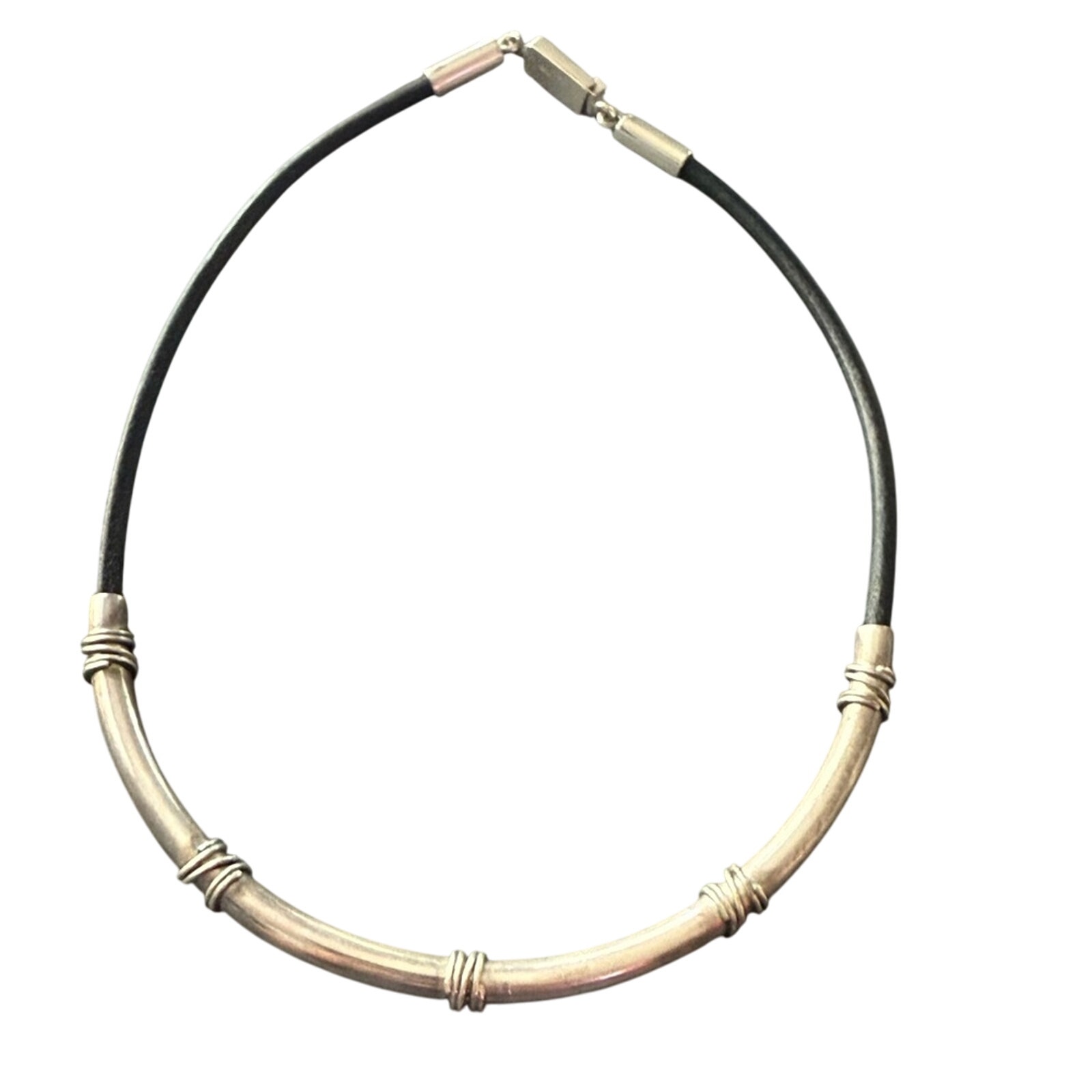Taxco Mexico 925 Sterling Silver & Black Leather Necklace